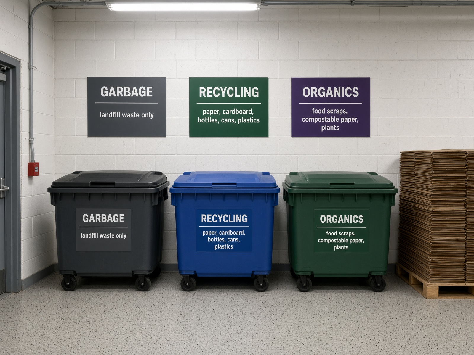 Tidy garbage room with labeled garbage, recycling and organics bins