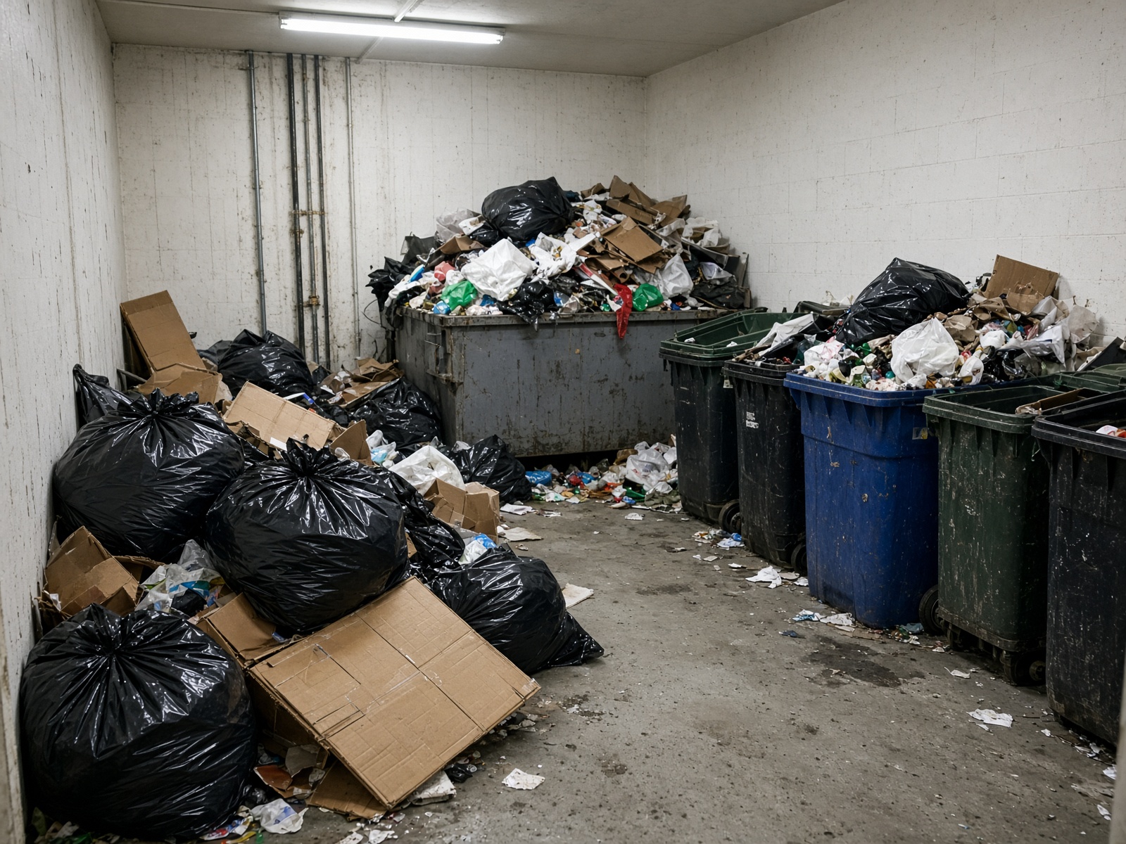 Messy commercial garbage room with overflowing unlabeled bins