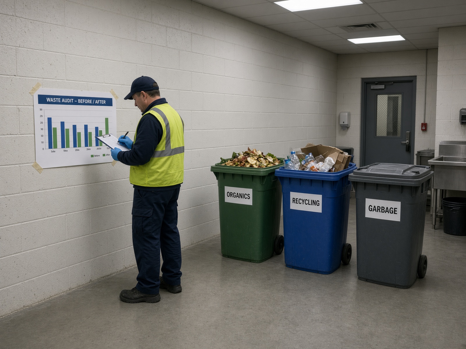 Auditor in hi-vis reviewing a clipboard beside labeled organics, recycling and garbage stations