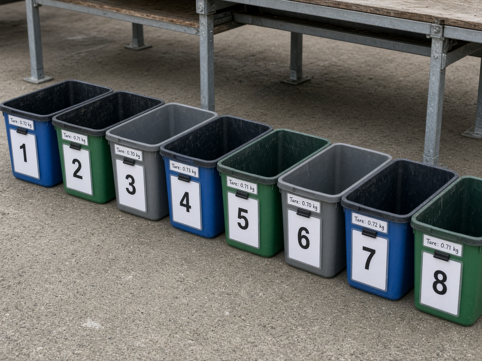 Row of numbered color-flagged sorting bins with tare labels