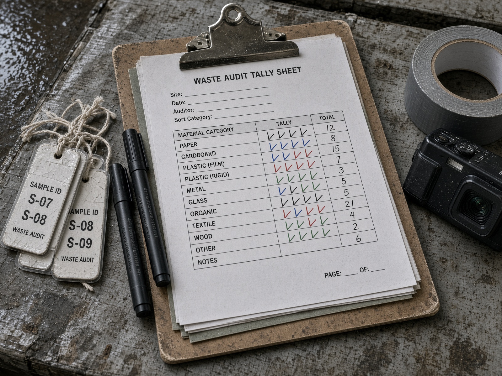 Clipboard tally sheets, sample tags, markers and a camera