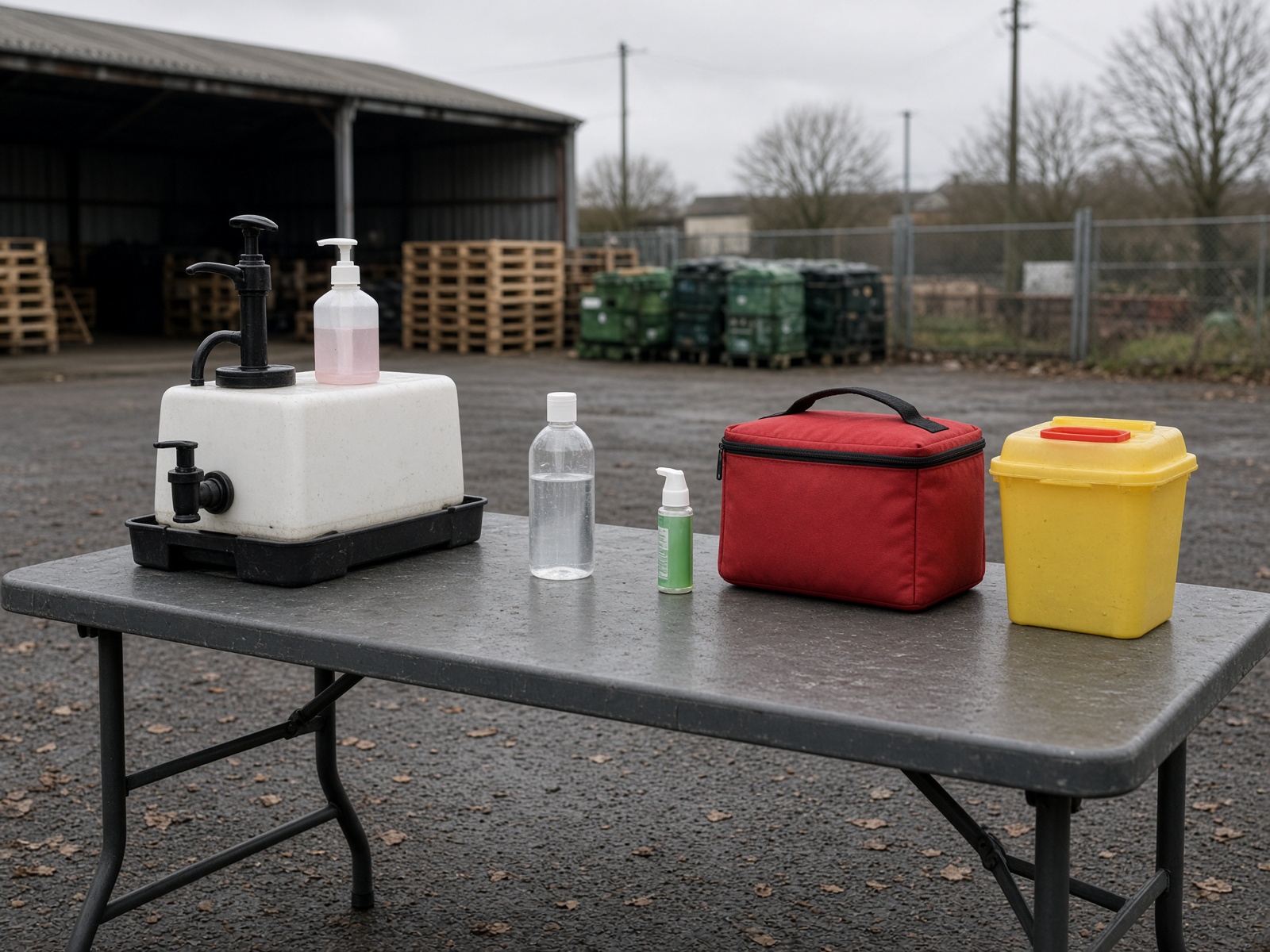 Portable handwash, sanitizer, eyewash, first aid kit and sharps container