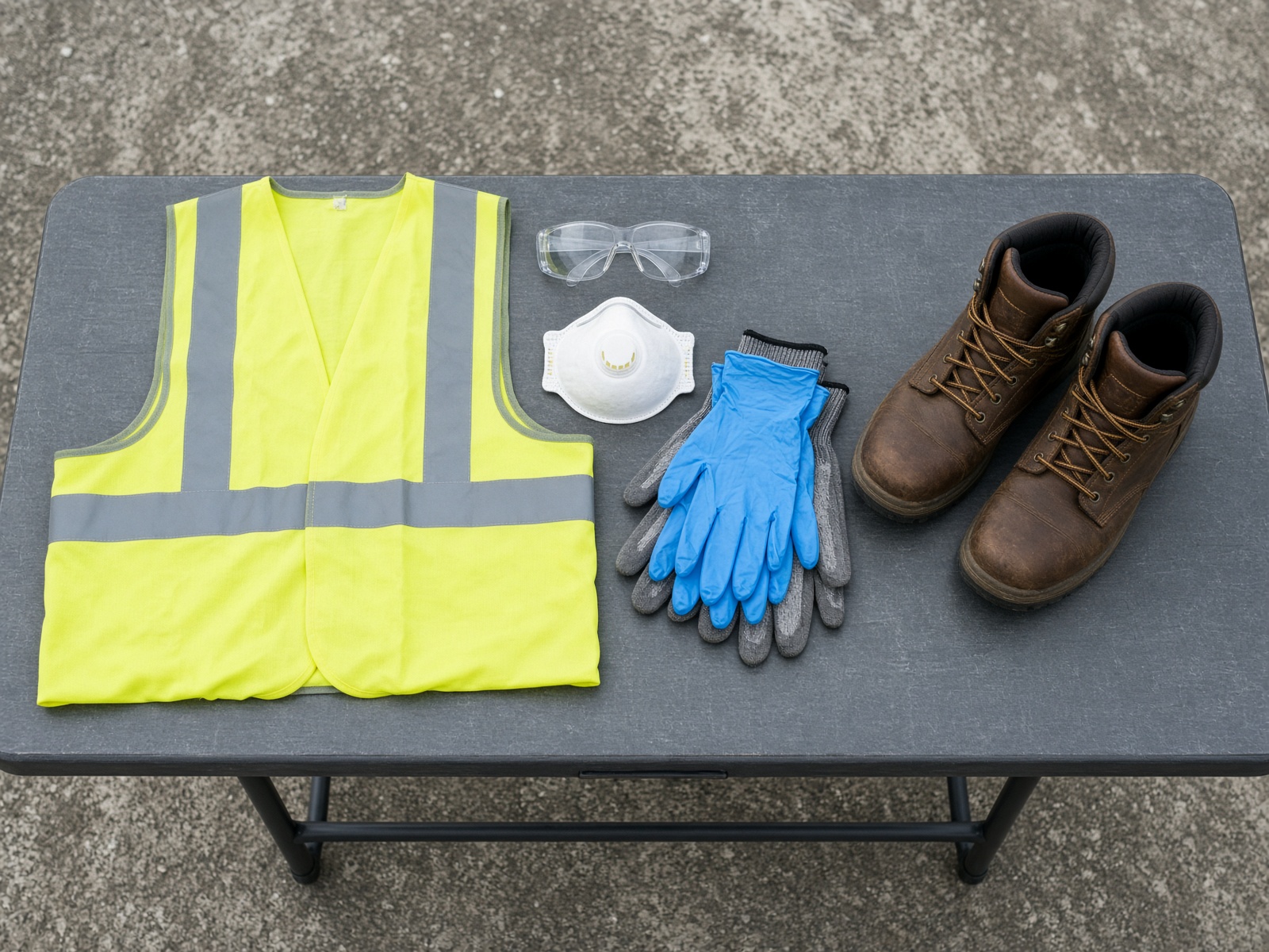 High-visibility vest, gloves, glasses, respirator and boots laid out as a PPE kit
