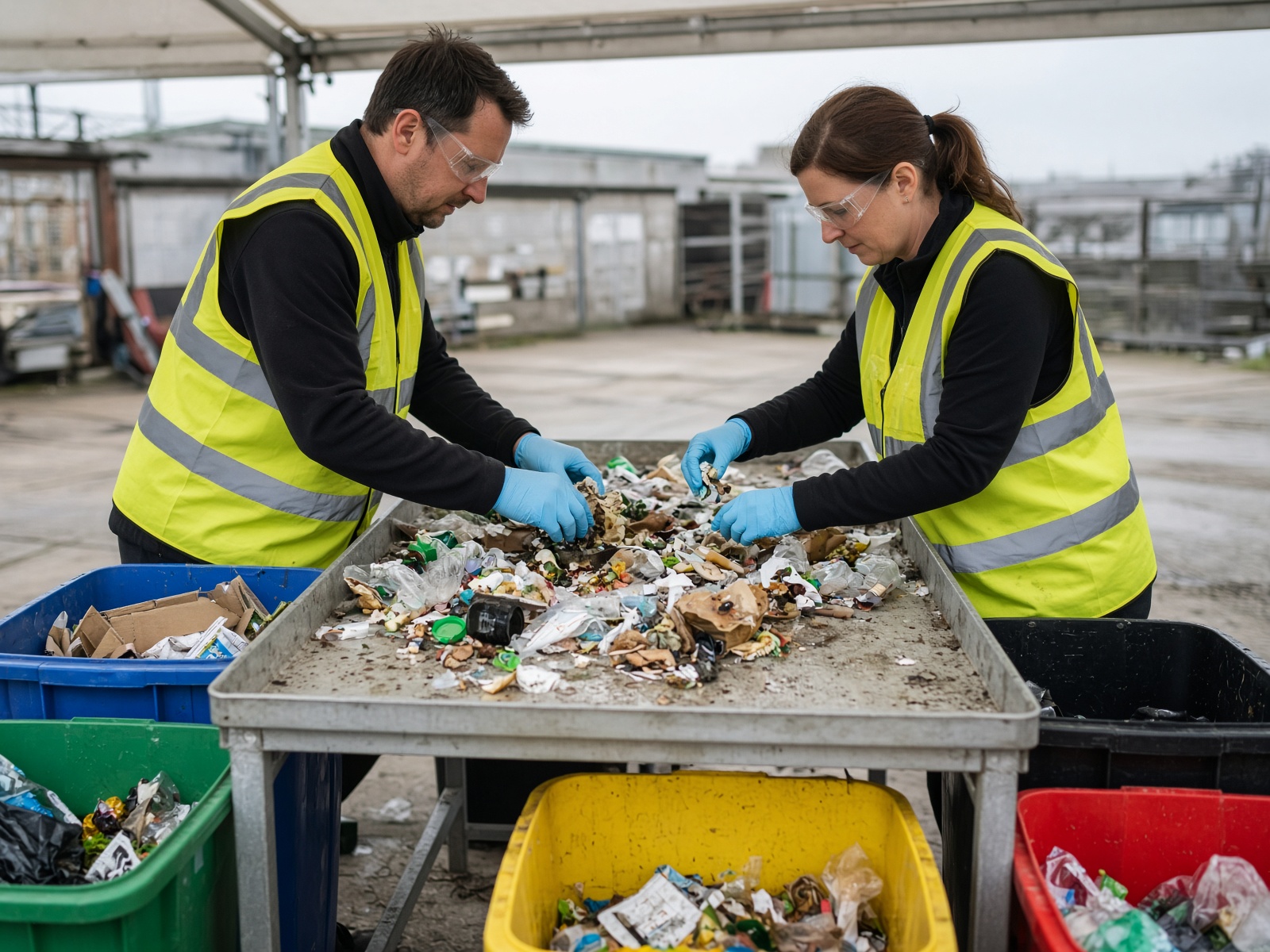 Two auditors sorting mixed waste at a waist-high table