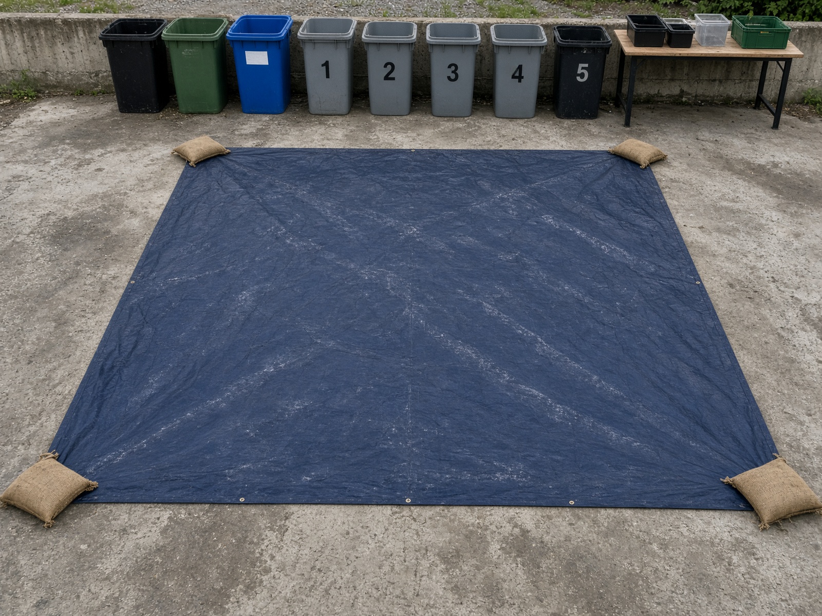 Heavy blue tarp laid out on concrete as a tipping surface