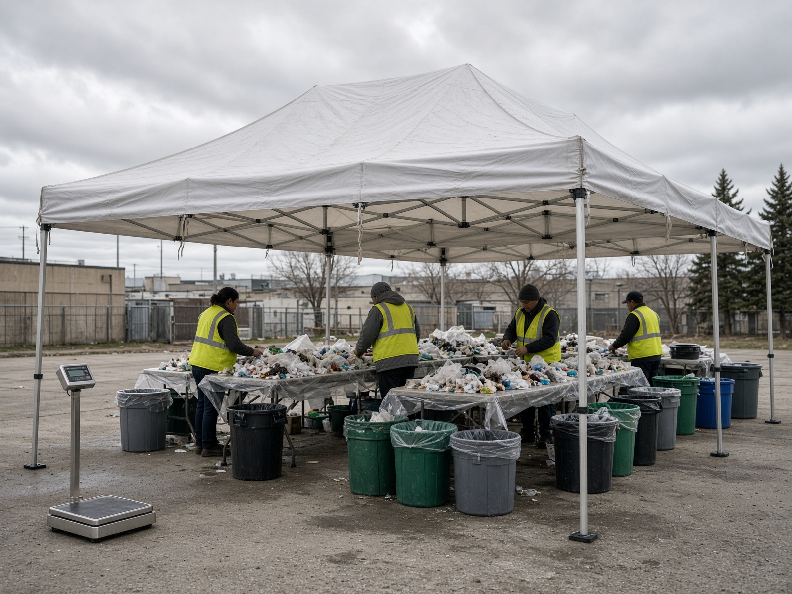 Pop-up canopy tent covering outdoor sorting tables