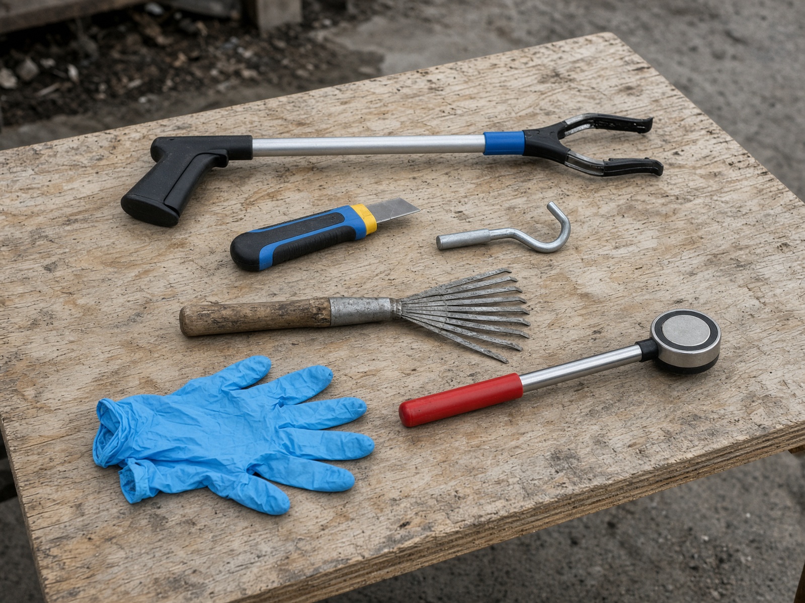 Tongs, safety cutter, bag hook and rake laid out on a table