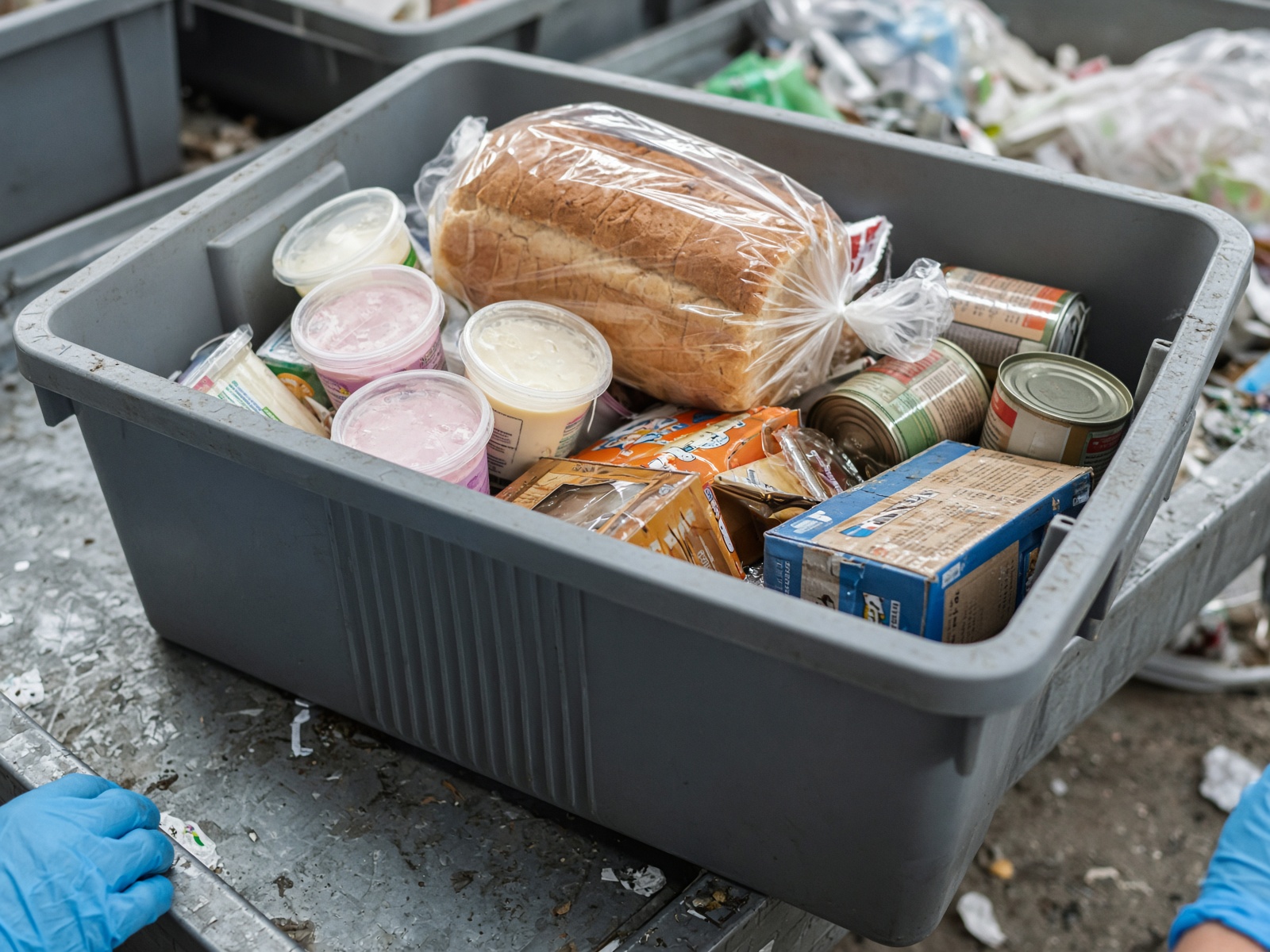Tote bin of unopened packaged food recovered from commercial garbage