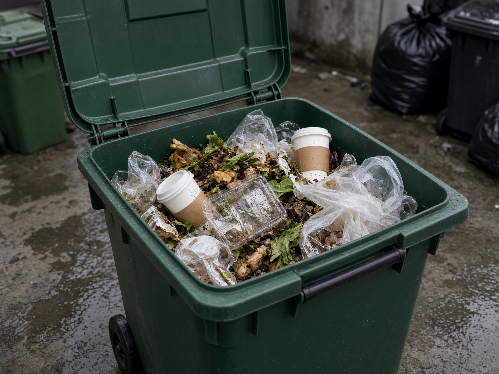 Green organics cart contaminated with plastic cups and bags