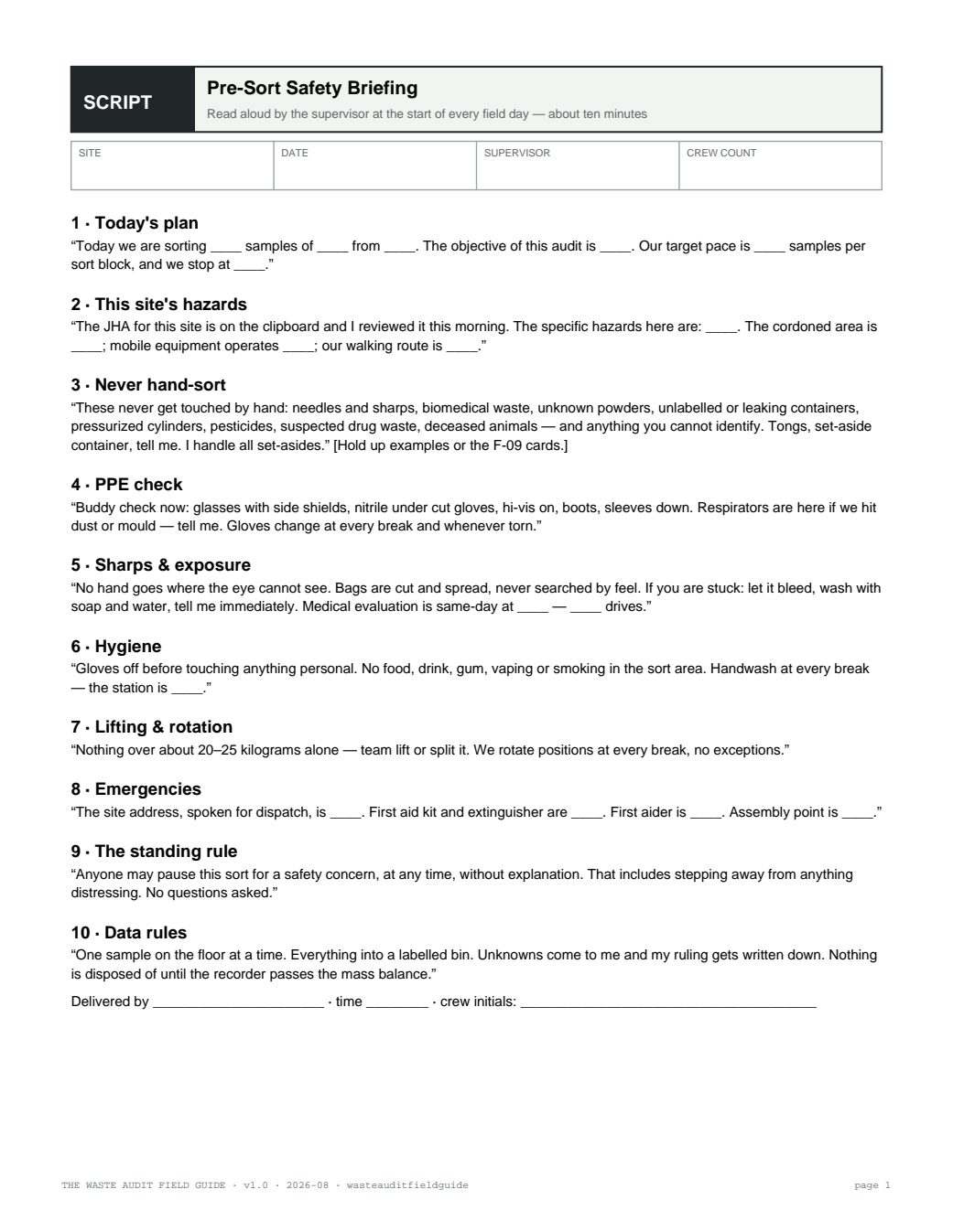 Pre-sort briefing script