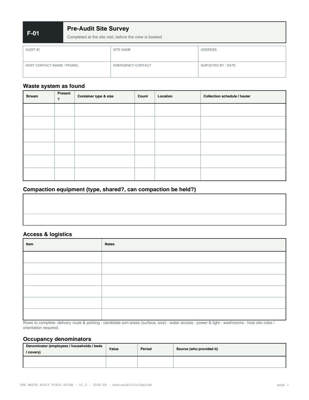 F-01 Pre-Audit Site Survey form