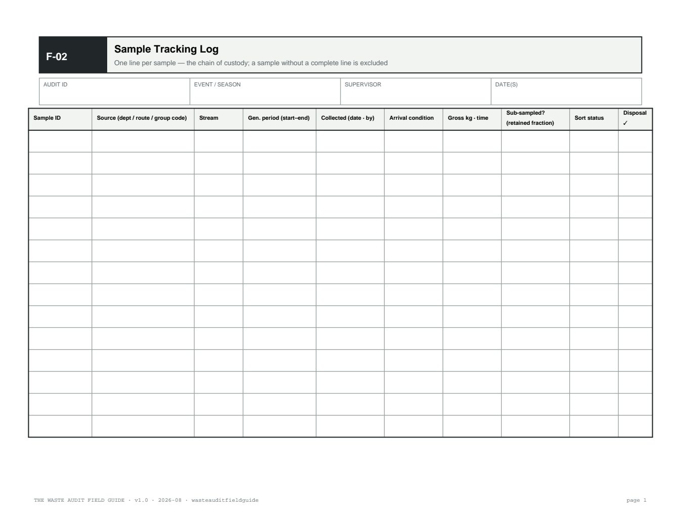 F-02 Sample Tracking Log form