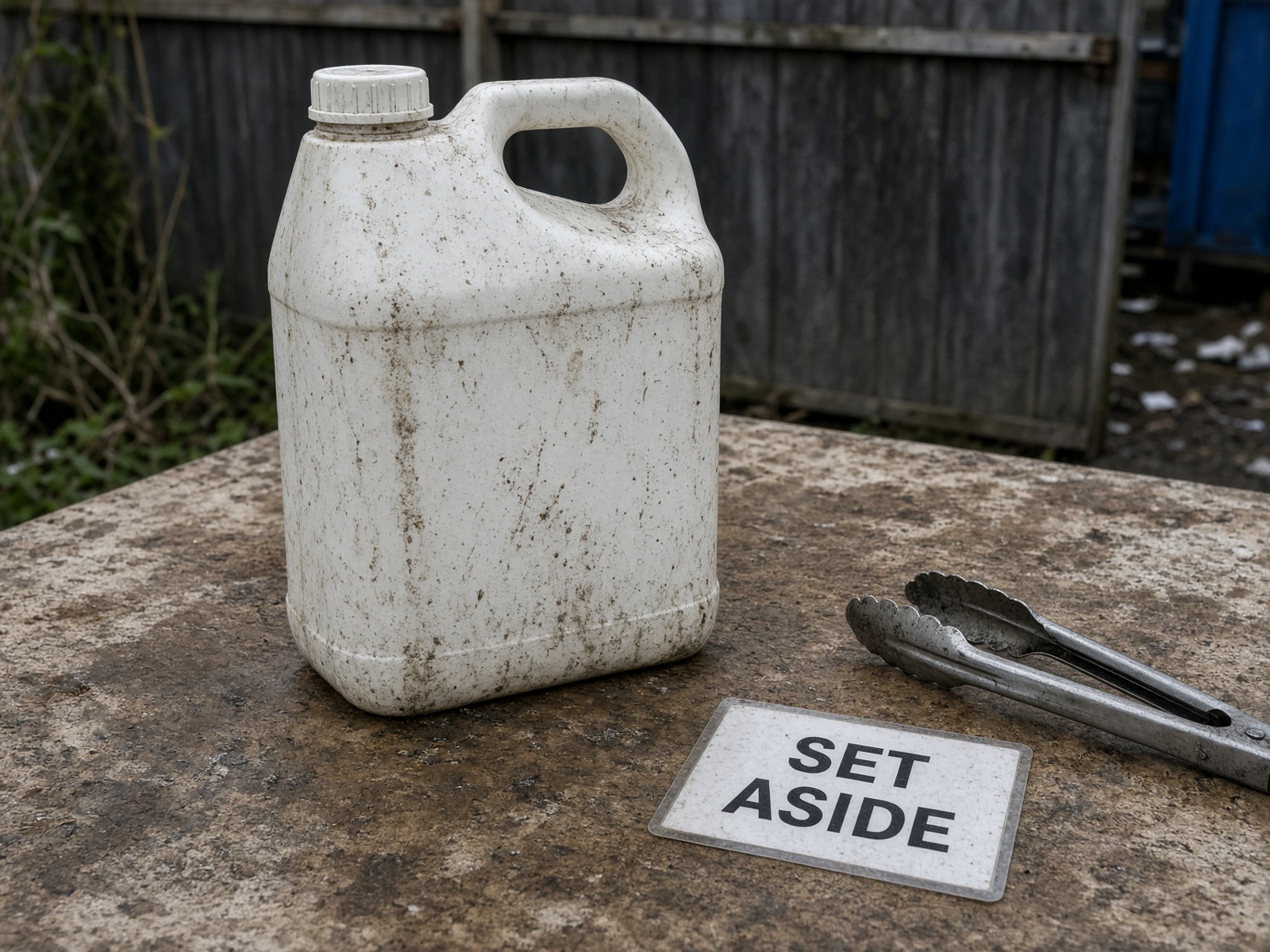Unlabelled stained plastic chemical jug on a set-aside table