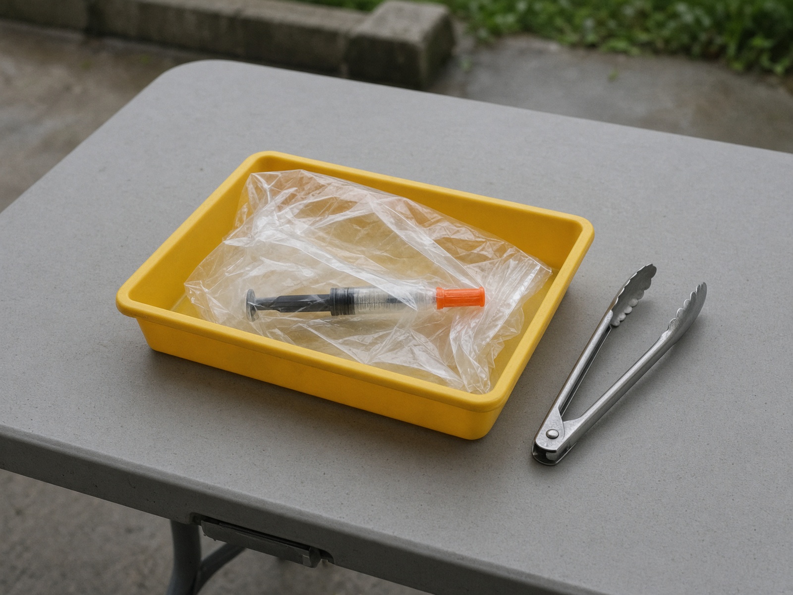 Syringe sealed in a clear bag on a yellow set-aside tray with tongs