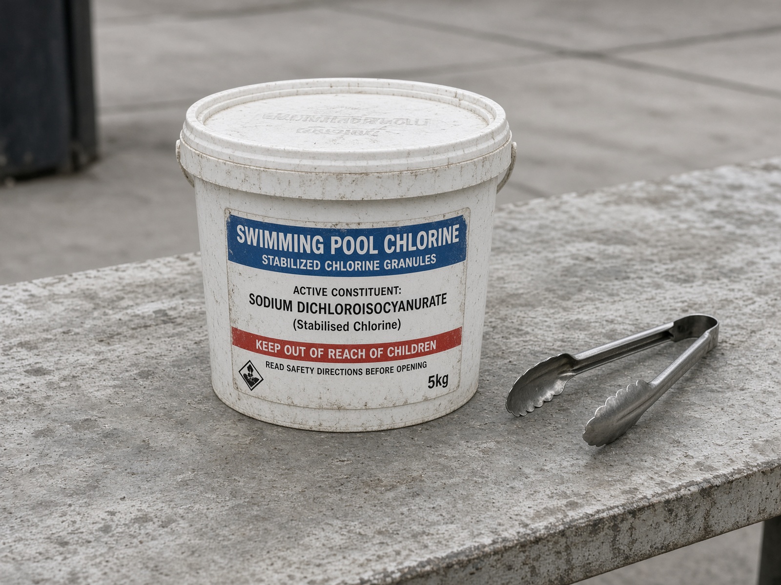 Weathered pool chlorine bucket on a set-aside table