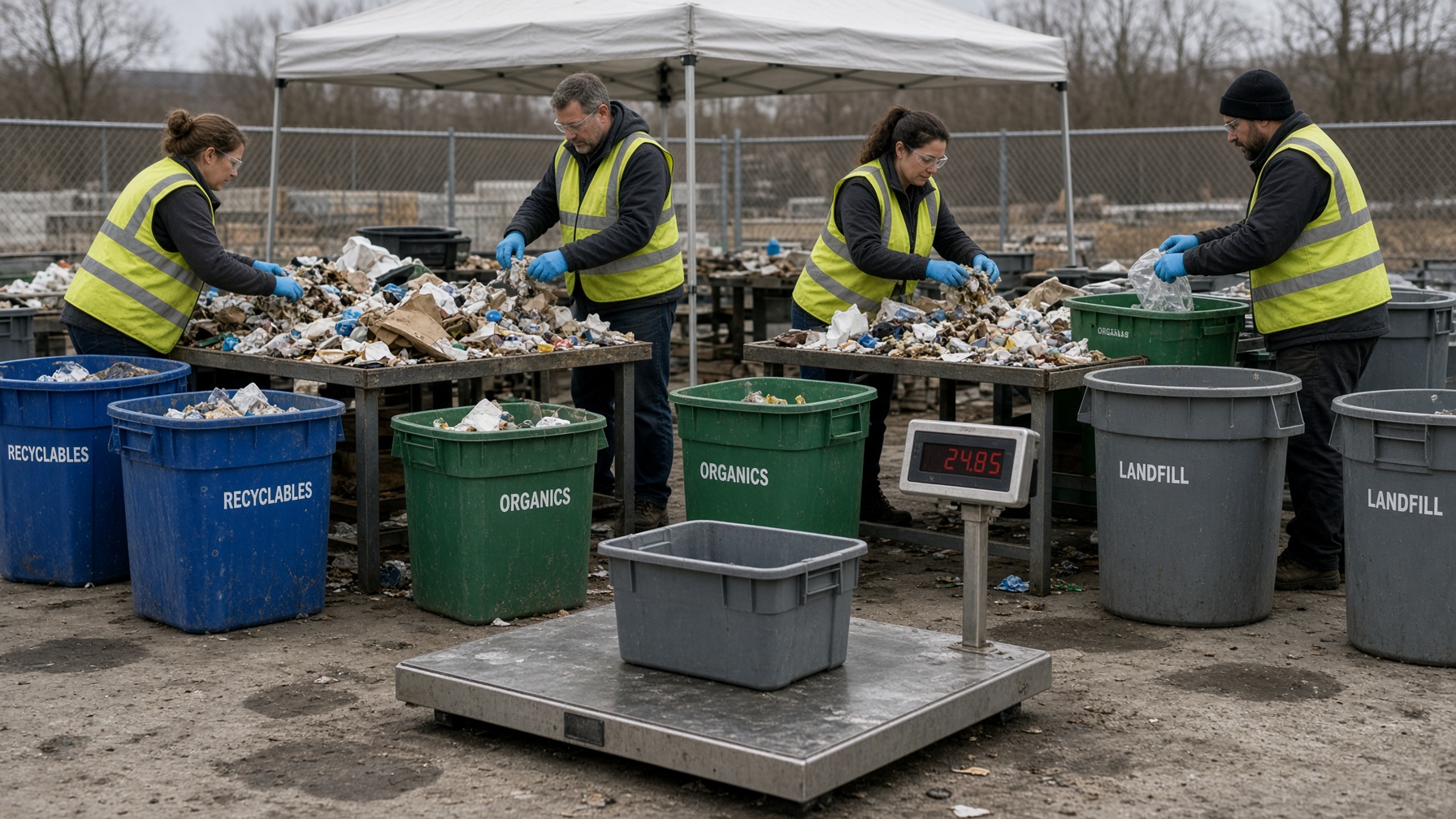 Auditors in high-visibility vests sorting waste at outdoor tables with a platform scale in the foreground