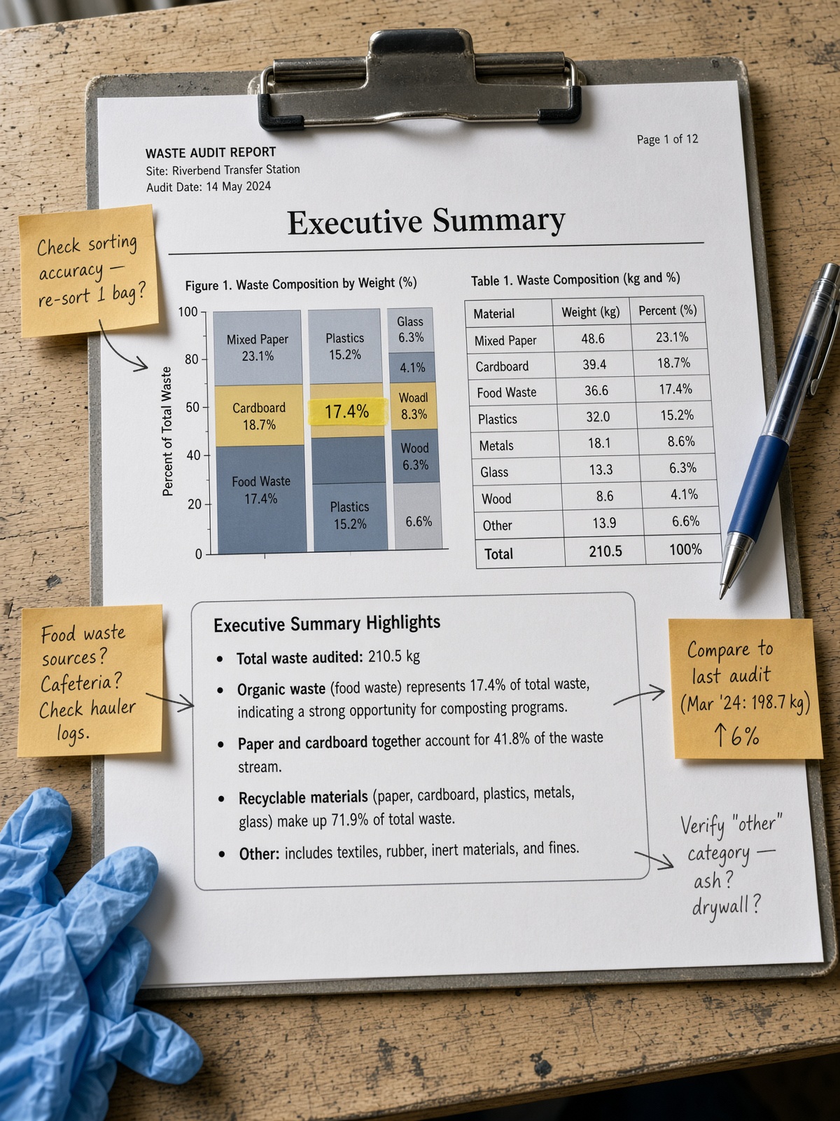 Printed waste-audit report on a field desk with handwritten margin notes and amber sticky flags