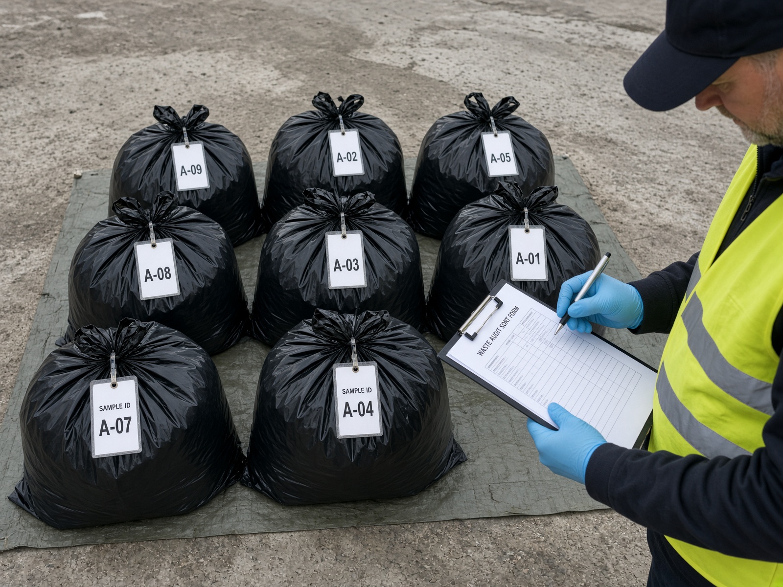 Auditor checking tagged garbage bags against a clipboard sample log