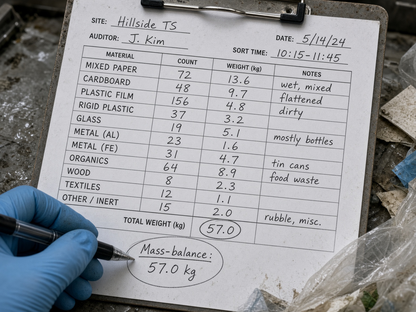 Close-up of a tally sheet with the mass-balance line being filled in