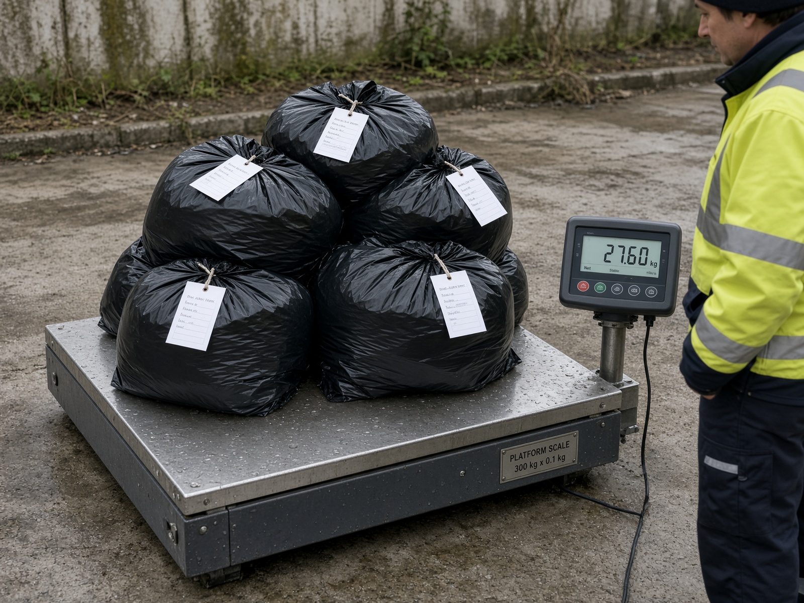 Tagged sample bags on a platform scale with the display visible