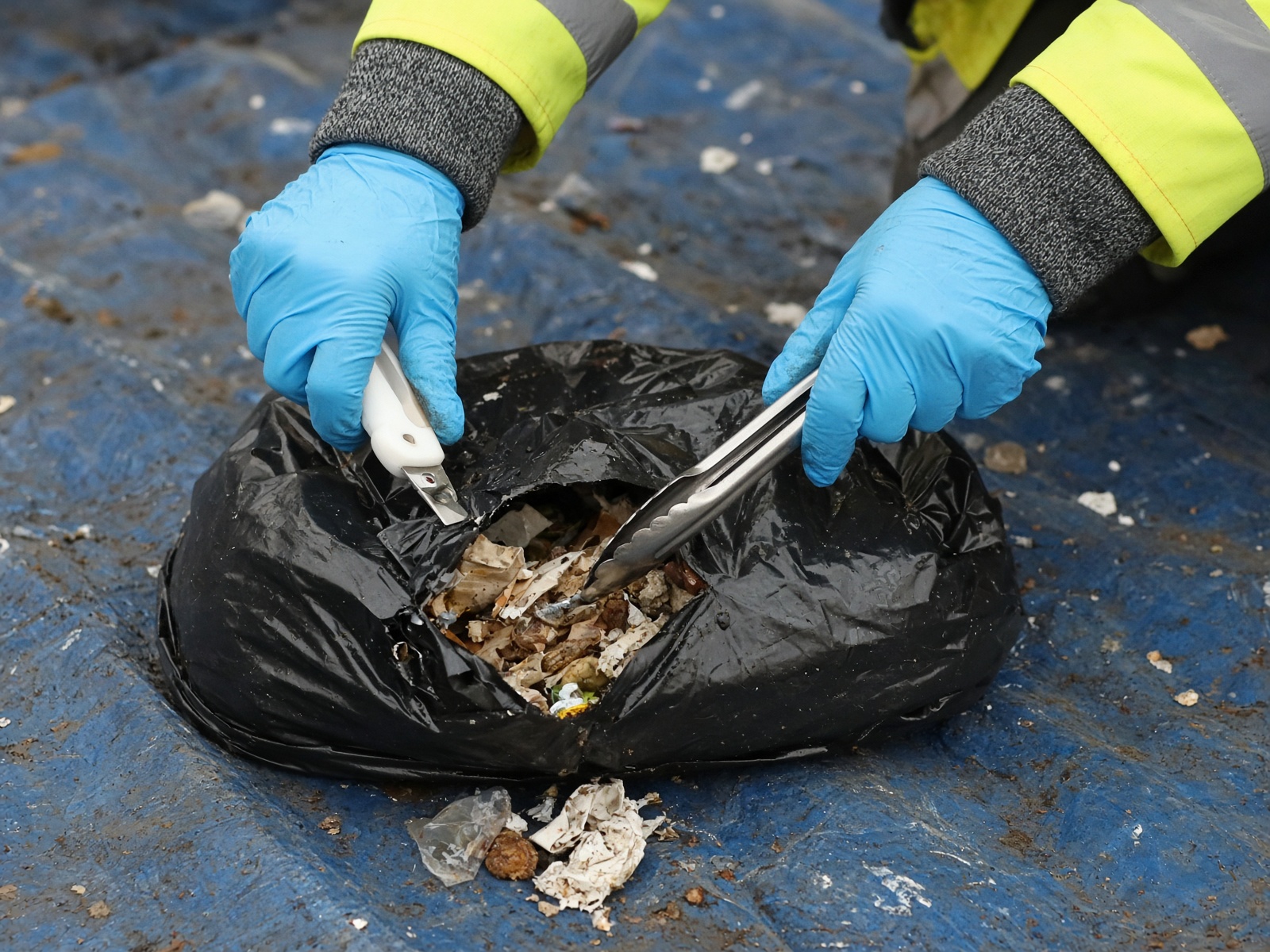 Gloved hands using a safety cutter and tongs to open a garbage bag