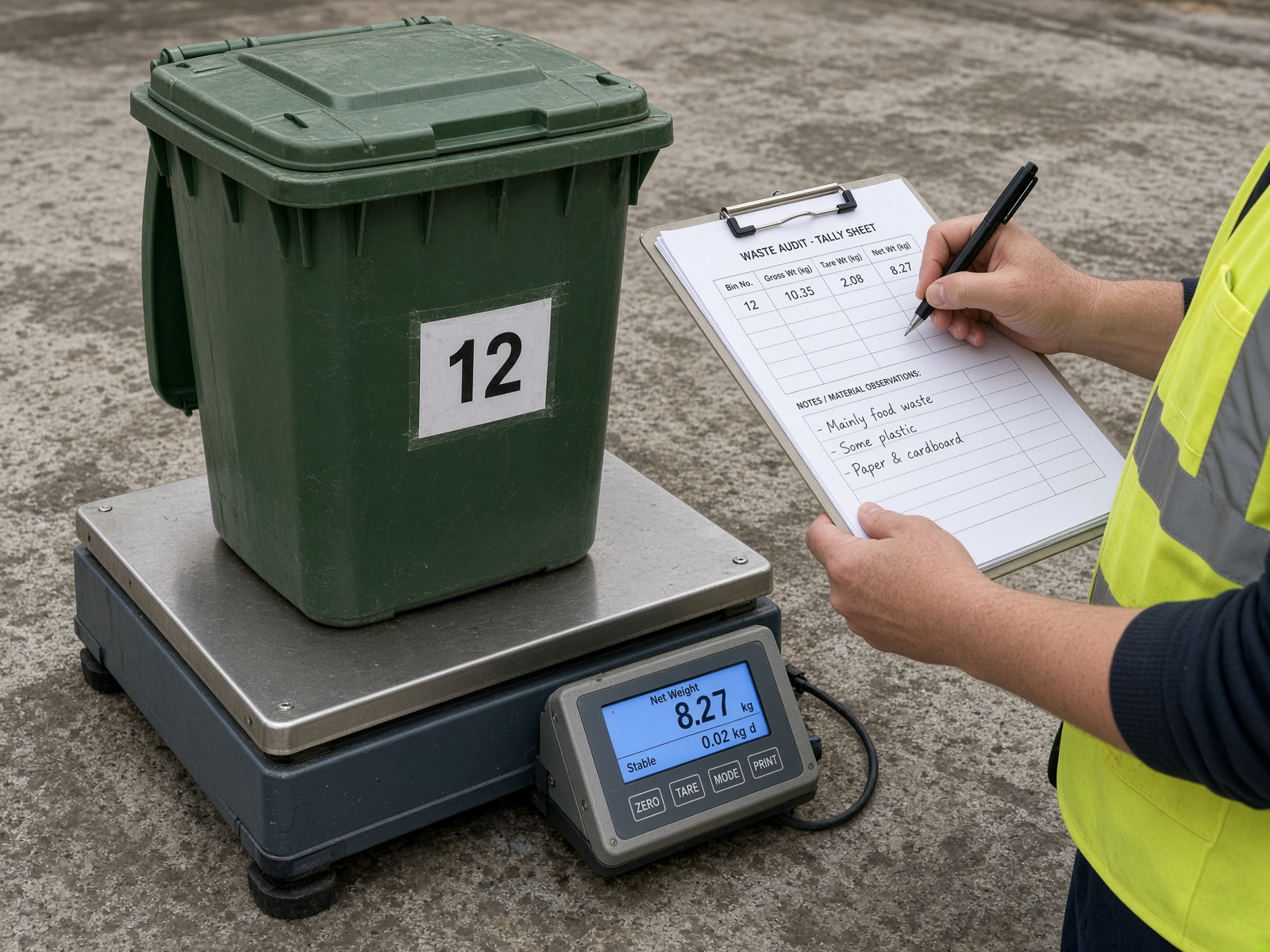 Numbered bin on a platform scale while a recorder logs the weight